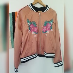 Mossimo Supply Co. Peach Satin Embroidered Bomber Jacket w/Hibiscus/Palm XL